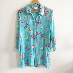 Neiman Marcus Silk blue Butterfly Print Tunic Top Sheer Cover Up Blouse top sz M